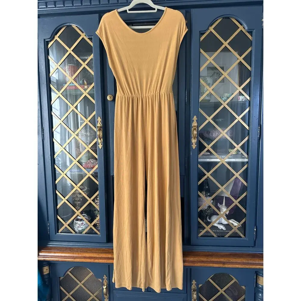 Free People Mustard Yellow Tie Front Back Wide Leg Jumpsuit XS